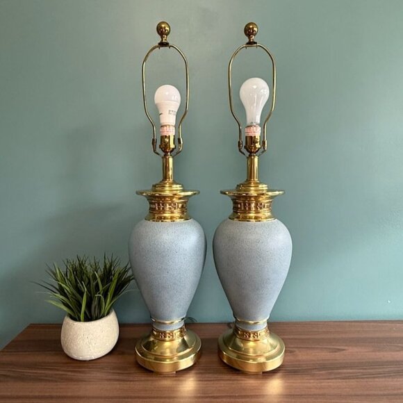 Vintage Ethan Allen Asian Blue Robins Egg & Gold Lamps 3 Way Set Of 2 EUC Works - Picture 1 of 10